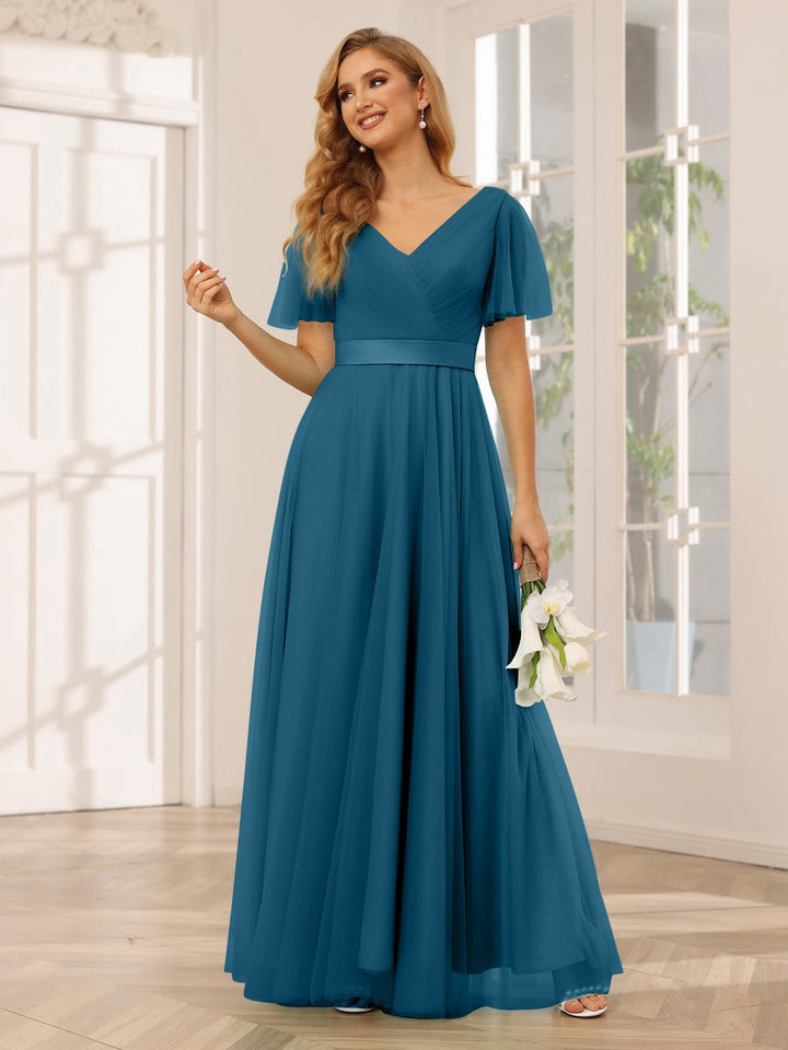 Ligne A/Princesse Col en V Manches Courtes La Longueur du Sol Long Robes de Demoiselle d'Honneur avec Dentelle