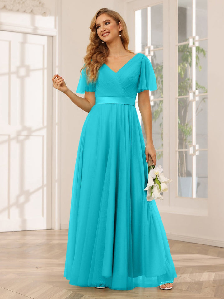 Ligne A/Princesse Col en V Manches Courtes La Longueur du Sol Long Robes de Demoiselle d'Honneur avec Dentelle