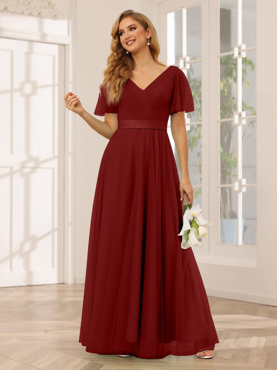 Ligne A/Princesse Col en V Manches Courtes La Longueur du Sol Long Robes de Demoiselle d'Honneur avec Dentelle