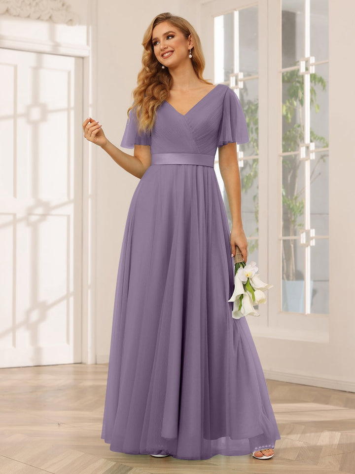 Ligne A/Princesse Col en V Manches Courtes La Longueur du Sol Long Robes de Demoiselle d'Honneur avec Dentelle