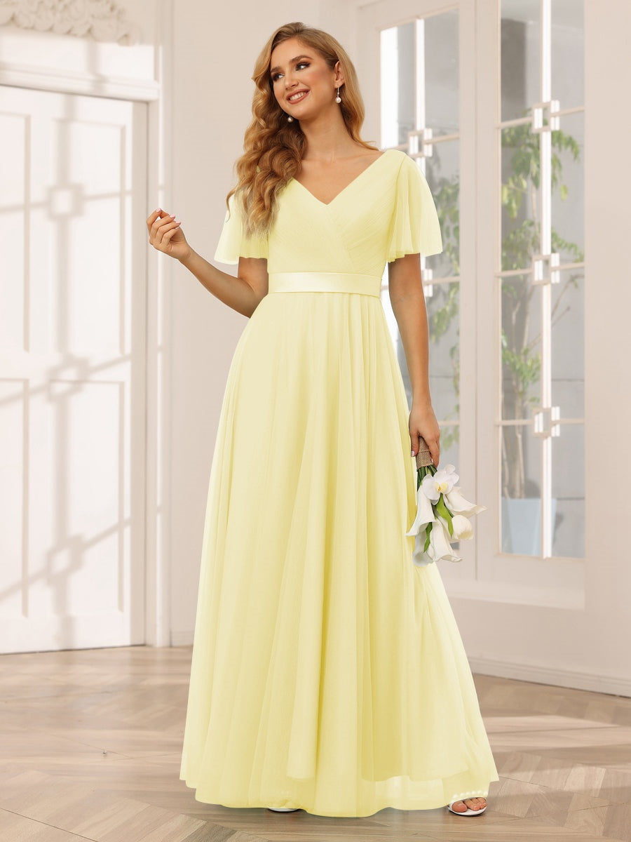 Ligne A/Princesse Col en V Manches Courtes La Longueur du Sol Long Robes de Demoiselle d'Honneur avec Dentelle
