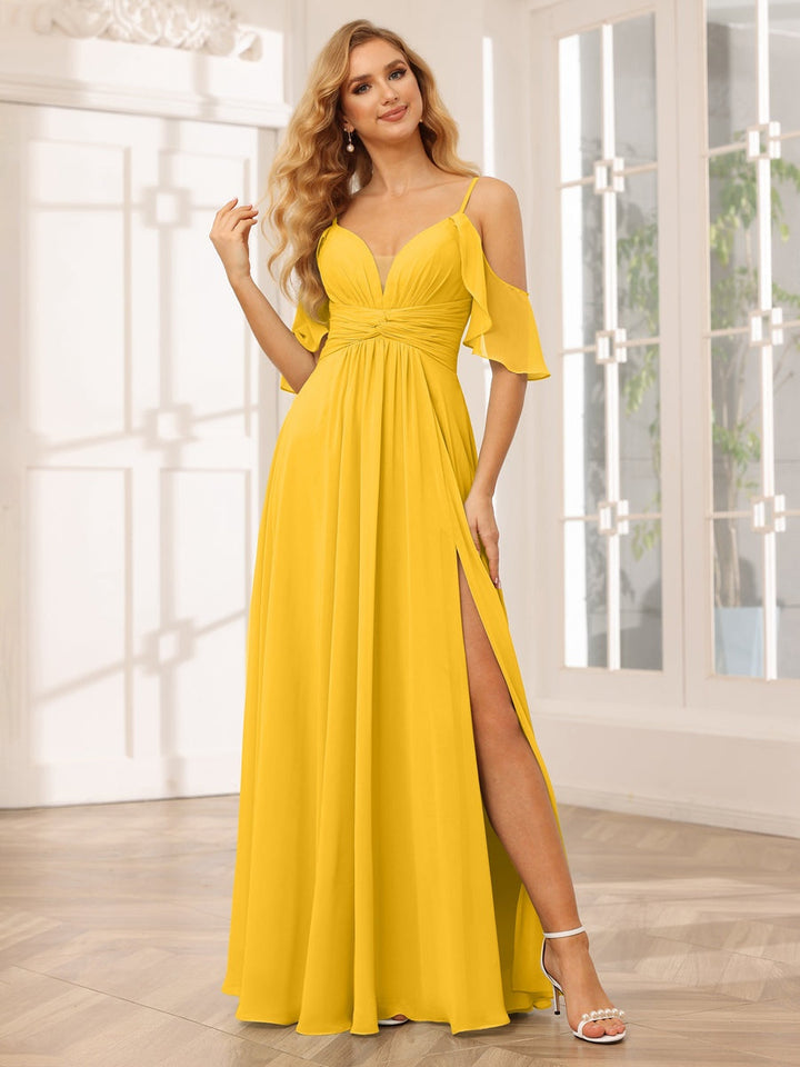 Ligne A/Princesse Bretelles Spaghetti Col en V La Longueur du Sol Robes de Demoiselle d'Honneur avec Côté Divisé
