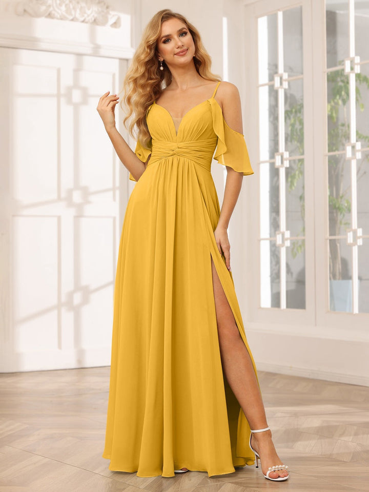 Ligne A/Princesse Bretelles Spaghetti Col en V La Longueur du Sol Robes de Demoiselle d'Honneur avec Côté Divisé