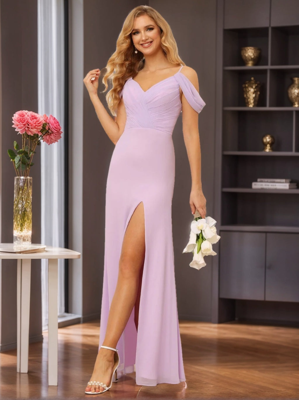 Gaine/Colonne Bretelles Spaghetti Hors de l'épaule La Longueur du Sol Robes de Demoiselle d'Honneur avec Côté Divisé