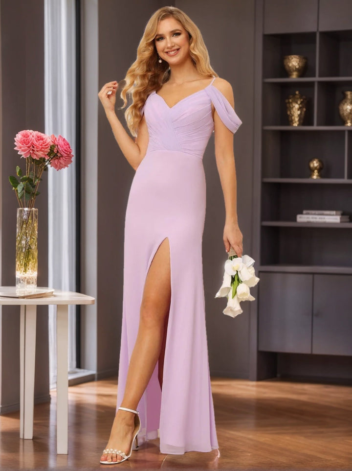Gaine/Colonne Bretelles Spaghetti Hors de l'épaule La Longueur du Sol Robes de Demoiselle d'Honneur avec Côté Divisé
