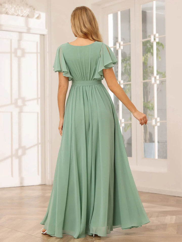 Ligne A/Princesse Col en V Manches Courtes La Longueur du Sol Robes de Demoiselle d'Honneur avec Ceinture