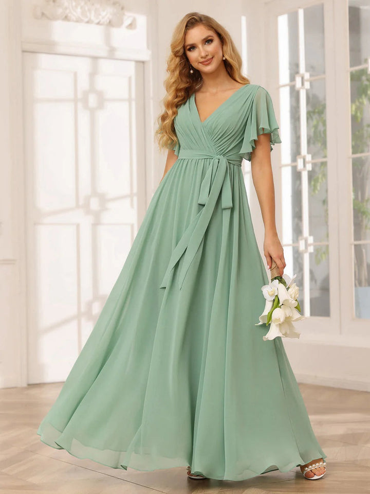 Ligne A/Princesse Col en V Manches Courtes La Longueur du Sol Robes de Demoiselle d'Honneur avec Ceinture
