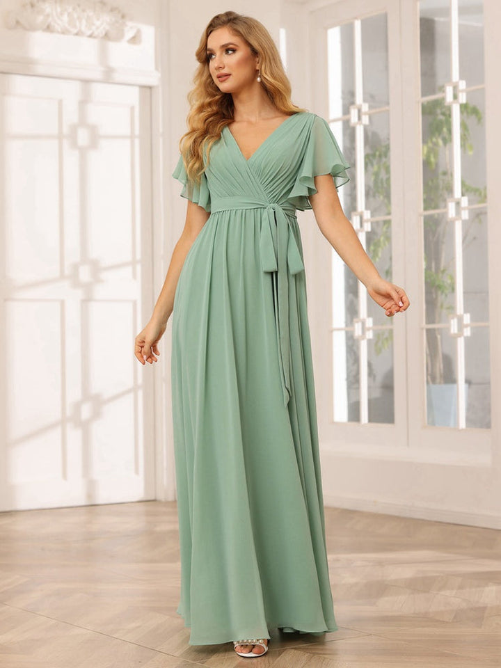 Ligne A/Princesse Col en V Manches Courtes La Longueur du Sol Robes de Demoiselle d'Honneur avec Ceinture