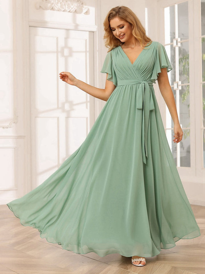 Ligne A/Princesse Col en V Manches Courtes La Longueur du Sol Robes de Demoiselle d'Honneur avec Ceinture