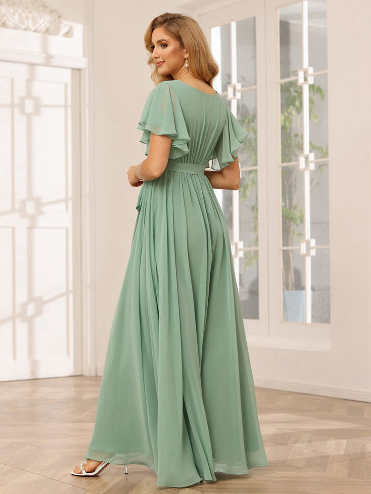 Ligne A/Princesse Col en V Manches Courtes La Longueur du Sol Robes de Demoiselle d'Honneur avec Ceinture