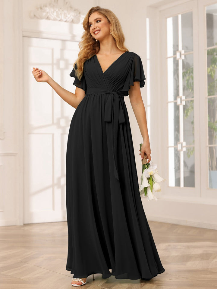 Ligne A/Princesse Col en V Manches Courtes La Longueur du Sol Robes de Demoiselle d'Honneur avec Ceinture