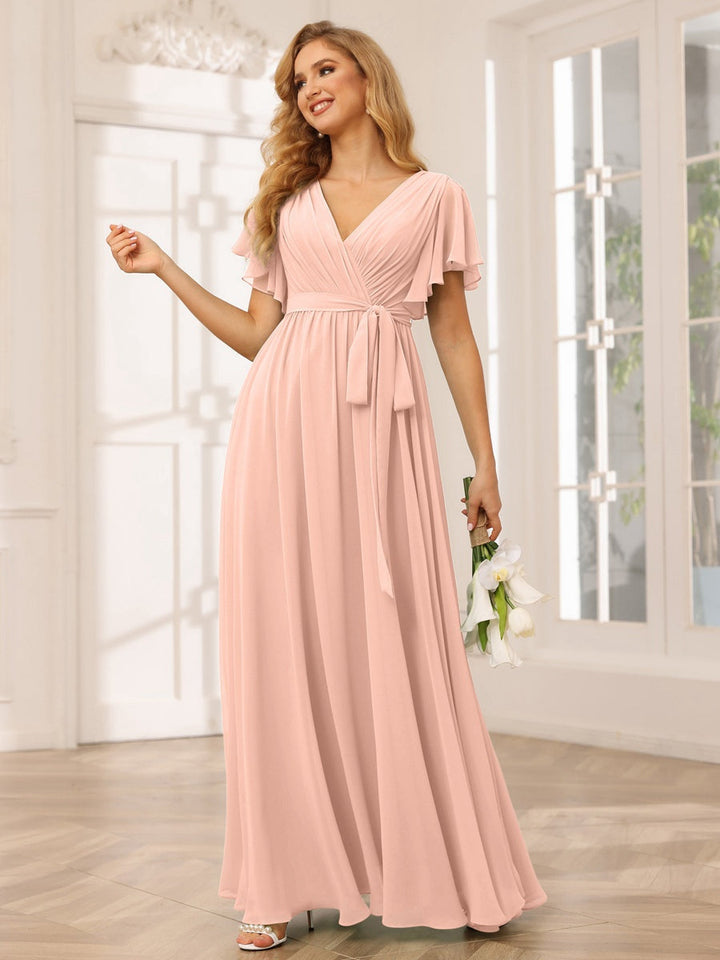 Ligne A/Princesse Col en V Manches Courtes La Longueur du Sol Robes de Demoiselle d'Honneur avec Ceinture
