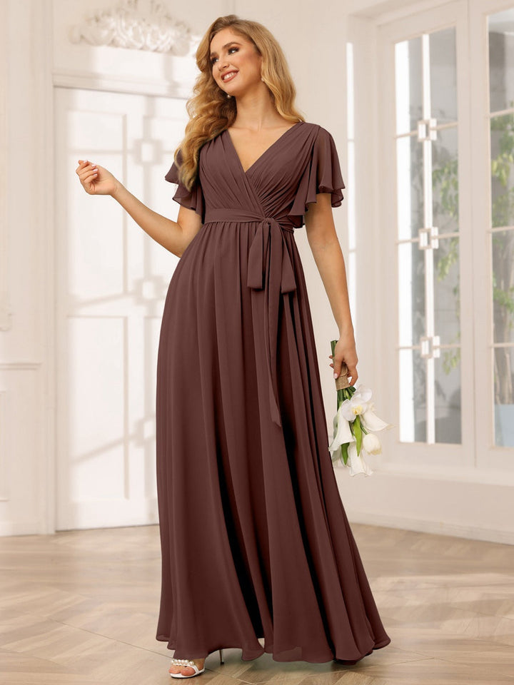 Ligne A/Princesse Col en V Manches Courtes La Longueur du Sol Robes de Demoiselle d'Honneur avec Ceinture