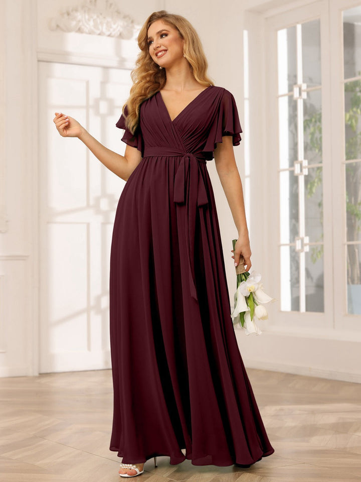 Ligne A/Princesse Col en V Manches Courtes La Longueur du Sol Robes de Demoiselle d'Honneur avec Ceinture