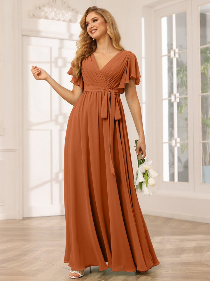 Ligne A/Princesse Col en V Manches Courtes La Longueur du Sol Robes de Demoiselle d'Honneur avec Ceinture