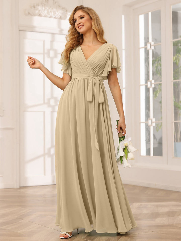 Ligne A/Princesse Col en V Manches Courtes La Longueur du Sol Robes de Demoiselle d'Honneur avec Ceinture