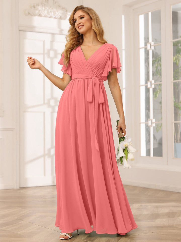 Ligne A/Princesse Col en V Manches Courtes La Longueur du Sol Robes de Demoiselle d'Honneur avec Ceinture