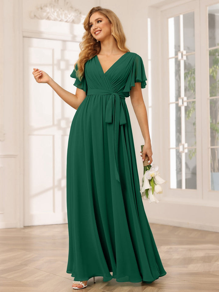 Ligne A/Princesse Col en V Manches Courtes La Longueur du Sol Robes de Demoiselle d'Honneur avec Ceinture