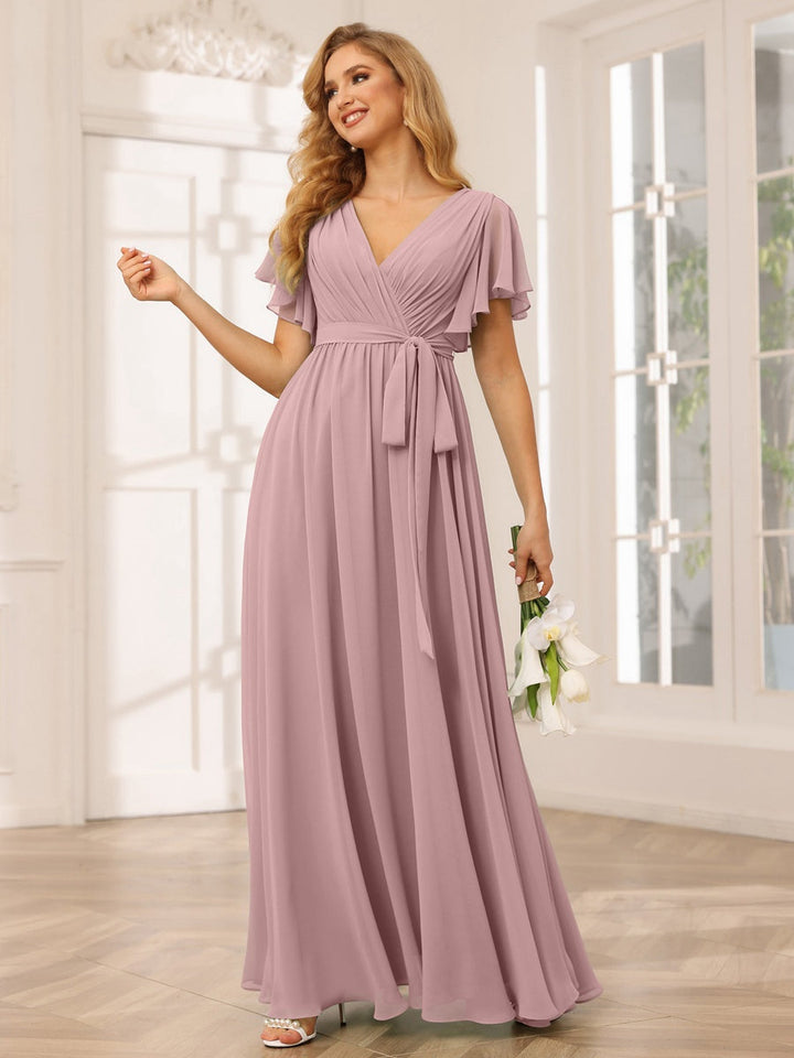 Ligne A/Princesse Col en V Manches Courtes La Longueur du Sol Robes de Demoiselle d'Honneur avec Ceinture