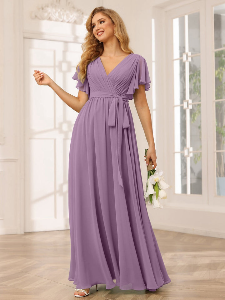 Ligne A/Princesse Col en V Manches Courtes La Longueur du Sol Robes de Demoiselle d'Honneur avec Ceinture