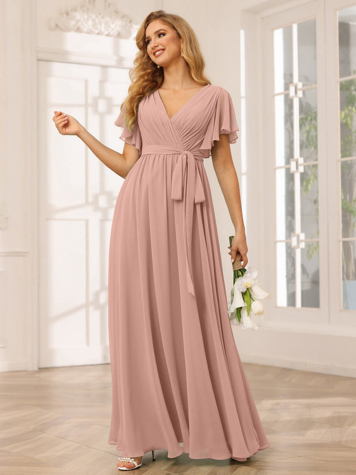 Ligne A/Princesse Col en V Manches Courtes La Longueur du Sol Robes de Demoiselle d'Honneur avec Ceinture
