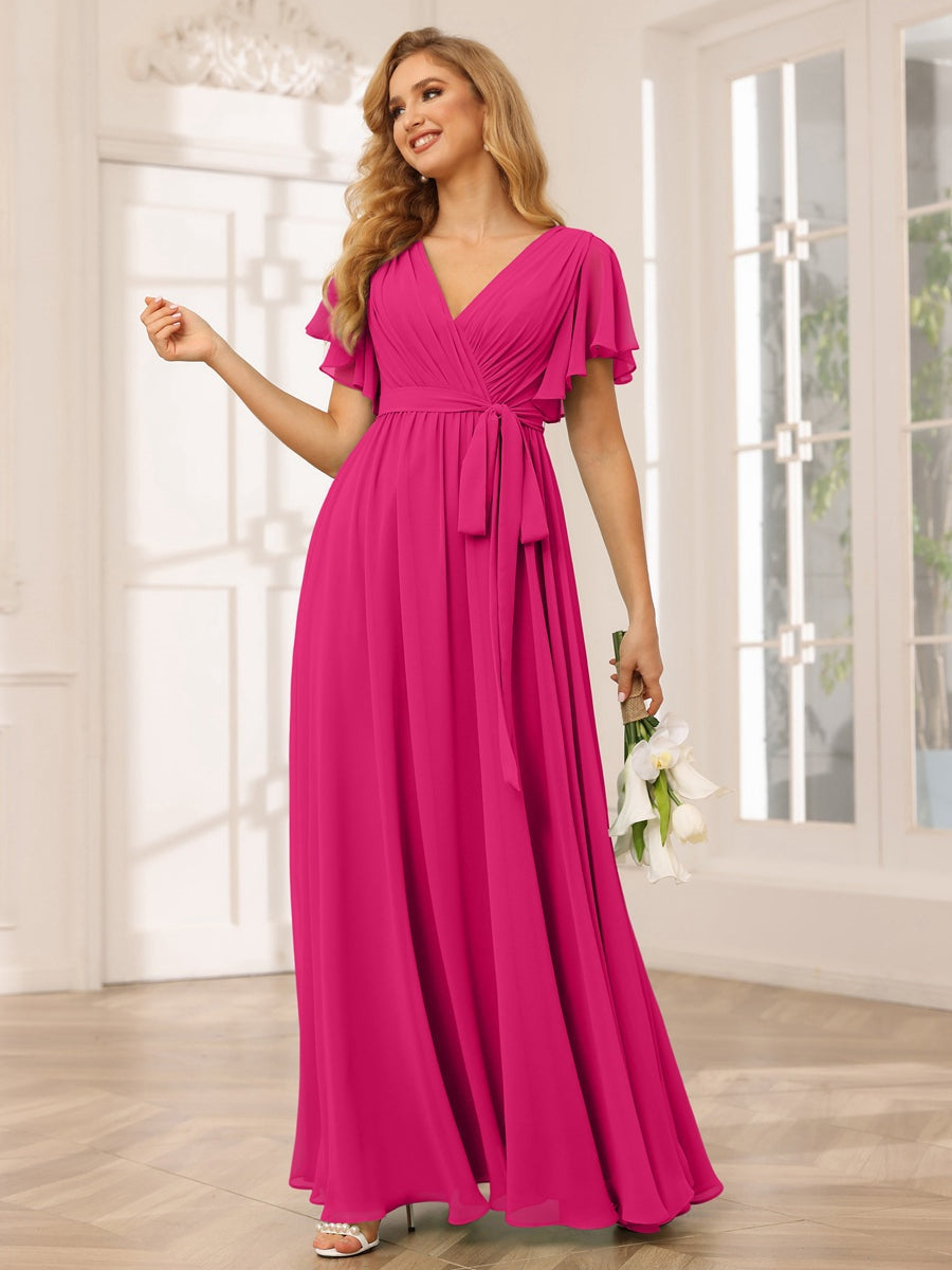 Ligne A/Princesse Col en V Manches Courtes La Longueur du Sol Robes de Demoiselle d'Honneur avec Ceinture