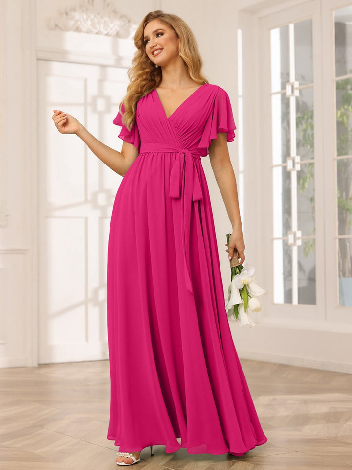 Ligne A/Princesse Col en V Manches Courtes La Longueur du Sol Robes de Demoiselle d'Honneur avec Ceinture