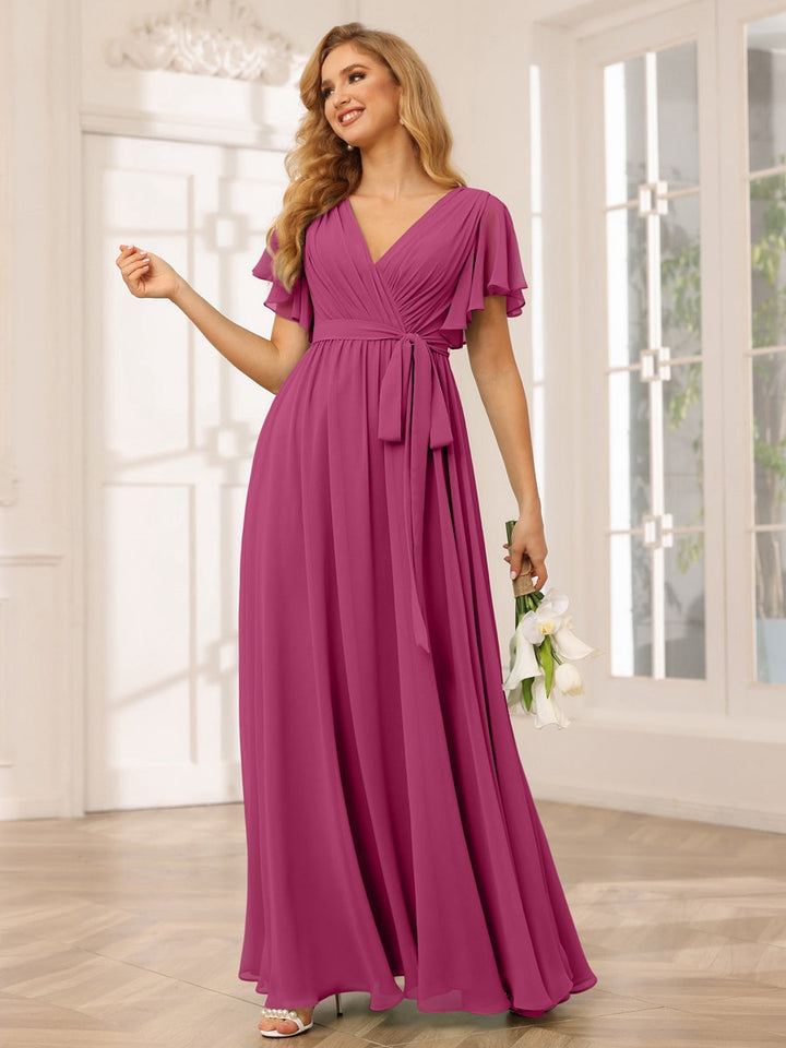 Ligne A/Princesse Col en V Manches Courtes La Longueur du Sol Robes de Demoiselle d'Honneur avec Ceinture