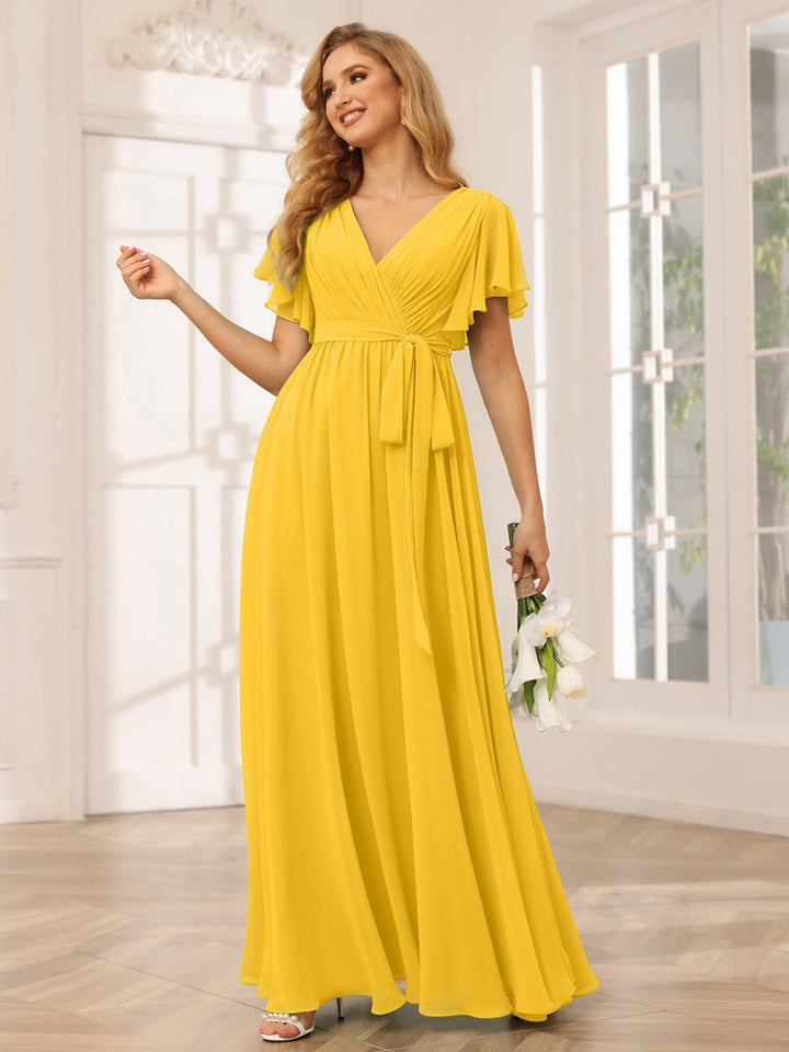 Ligne A/Princesse Col en V Manches Courtes La Longueur du Sol Robes de Demoiselle d'Honneur avec Ceinture