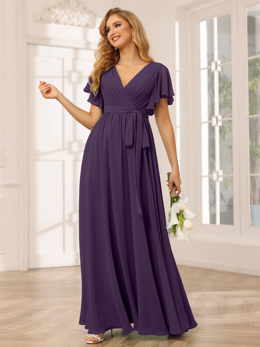 Ligne A/Princesse Col en V Manches Courtes La Longueur du Sol Robes de Demoiselle d'Honneur avec Ceinture
