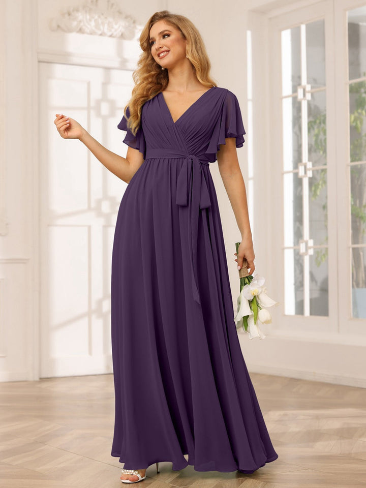 Ligne A/Princesse Col en V Manches Courtes La Longueur du Sol Robes de Demoiselle d'Honneur avec Ceinture