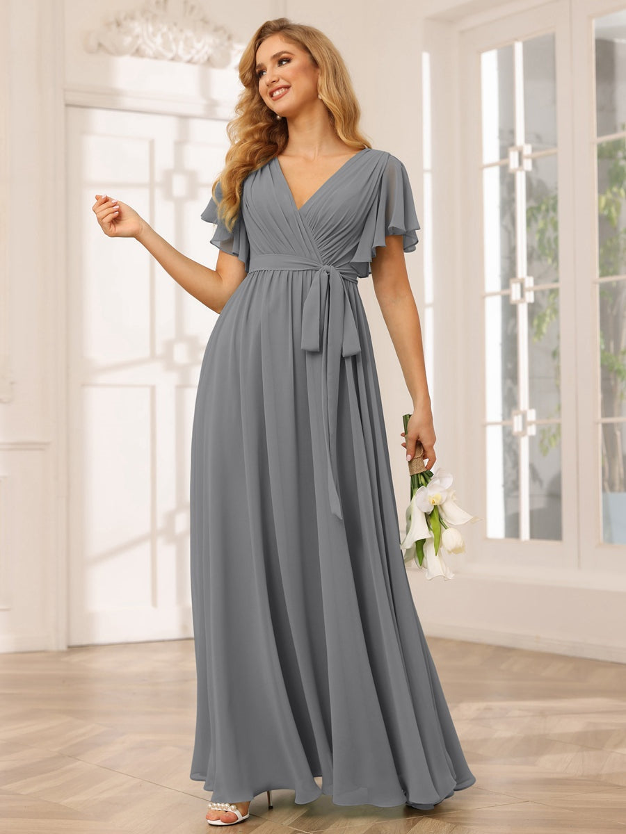 Ligne A/Princesse Col en V Manches Courtes La Longueur du Sol Robes de Demoiselle d'Honneur avec Ceinture