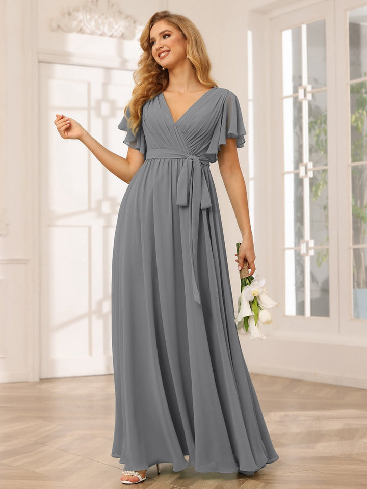 Ligne A/Princesse Col en V Manches Courtes La Longueur du Sol Robes de Demoiselle d'Honneur avec Ceinture
