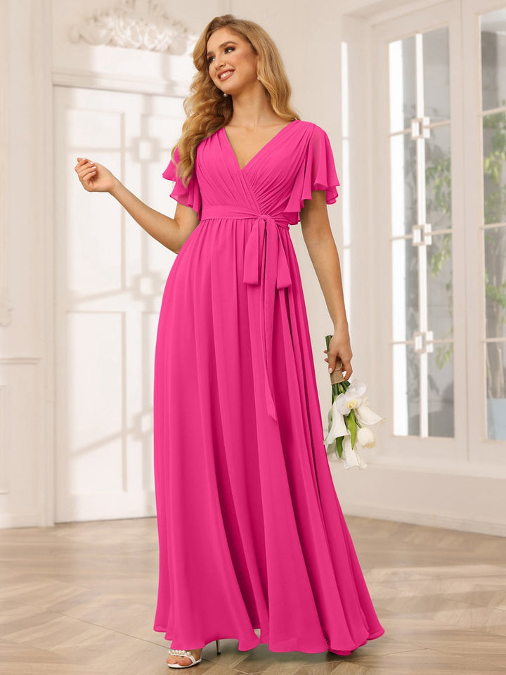 Ligne A/Princesse Col en V Manches Courtes La Longueur du Sol Robes de Demoiselle d'Honneur avec Ceinture