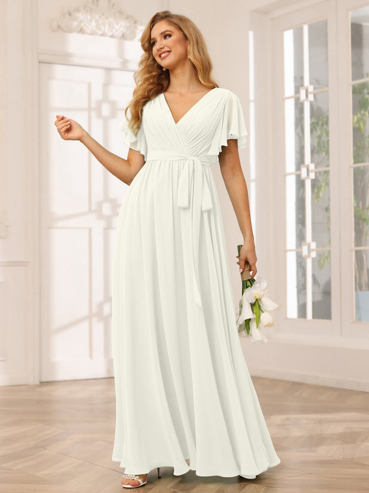 Ligne A/Princesse Col en V Manches Courtes La Longueur du Sol Robes de Demoiselle d'Honneur avec Ceinture