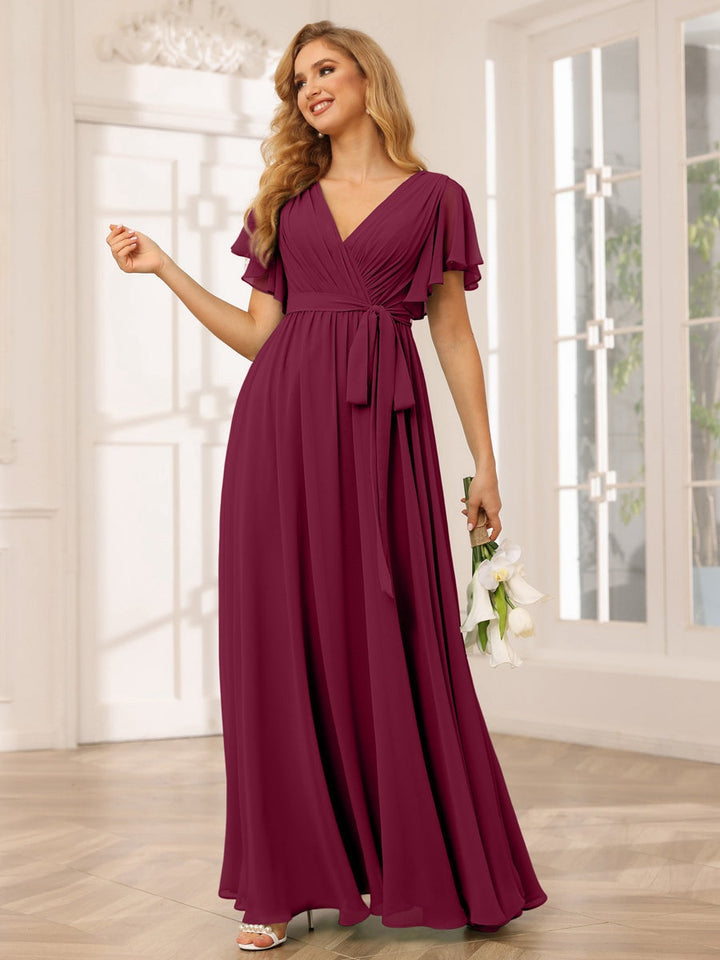 Ligne A/Princesse Col en V Manches Courtes La Longueur du Sol Robes de Demoiselle d'Honneur avec Ceinture