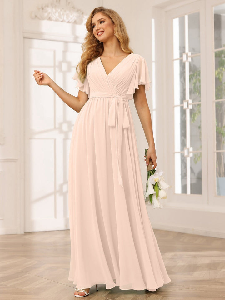 Ligne A/Princesse Col en V Manches Courtes La Longueur du Sol Robes de Demoiselle d'Honneur avec Ceinture