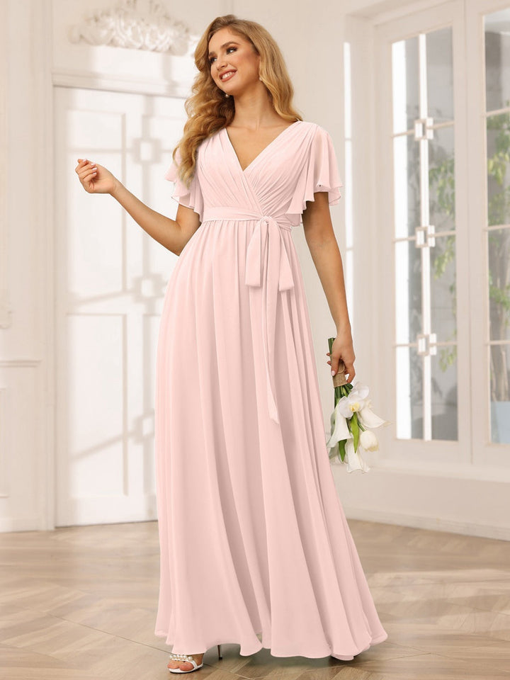 Ligne A/Princesse Col en V Manches Courtes La Longueur du Sol Robes de Demoiselle d'Honneur avec Ceinture