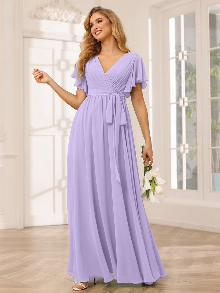 Ligne A/Princesse Col en V Manches Courtes La Longueur du Sol Robes de Demoiselle d'Honneur avec Ceinture