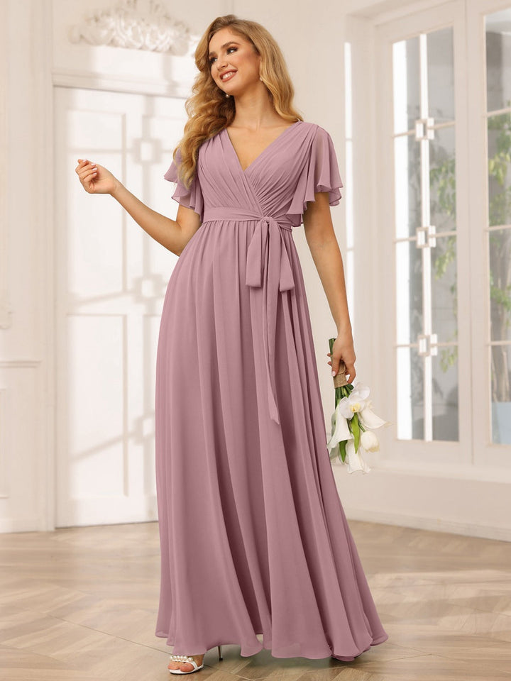 Ligne A/Princesse Col en V Manches Courtes La Longueur du Sol Robes de Demoiselle d'Honneur avec Ceinture