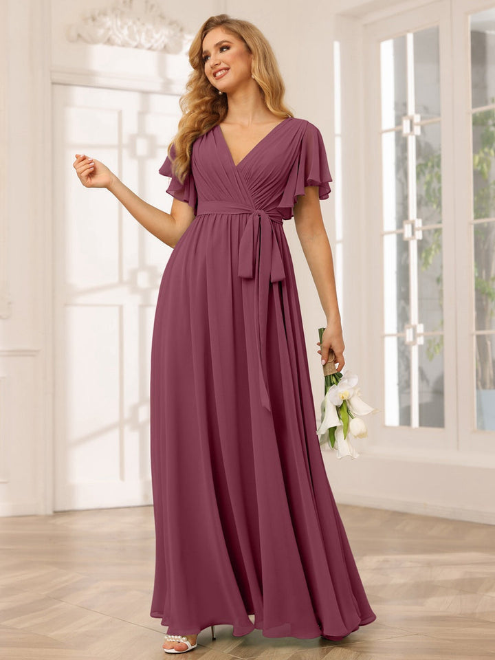 Ligne A/Princesse Col en V Manches Courtes La Longueur du Sol Robes de Demoiselle d'Honneur avec Ceinture