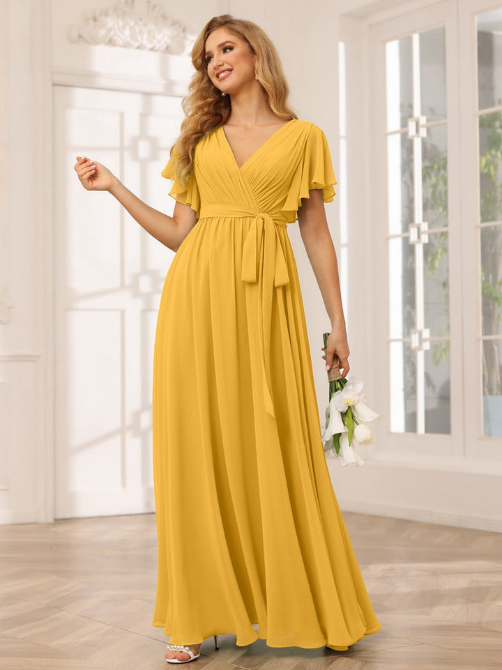 Ligne A/Princesse Col en V Manches Courtes La Longueur du Sol Robes de Demoiselle d'Honneur avec Ceinture