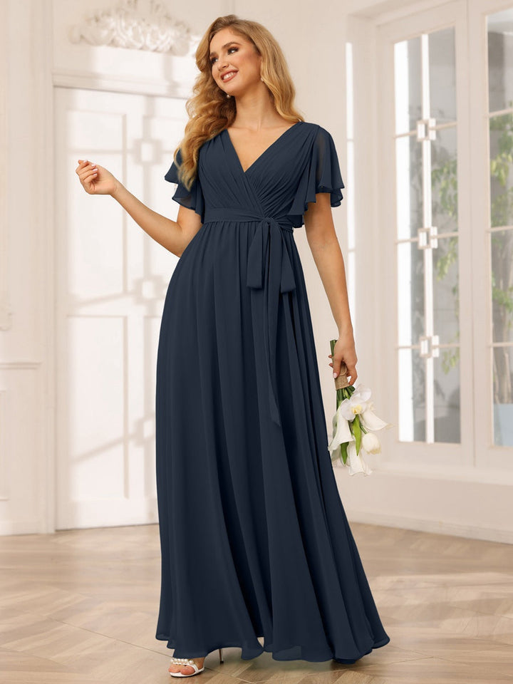 Ligne A/Princesse Col en V Manches Courtes La Longueur du Sol Robes de Demoiselle d'Honneur avec Ceinture