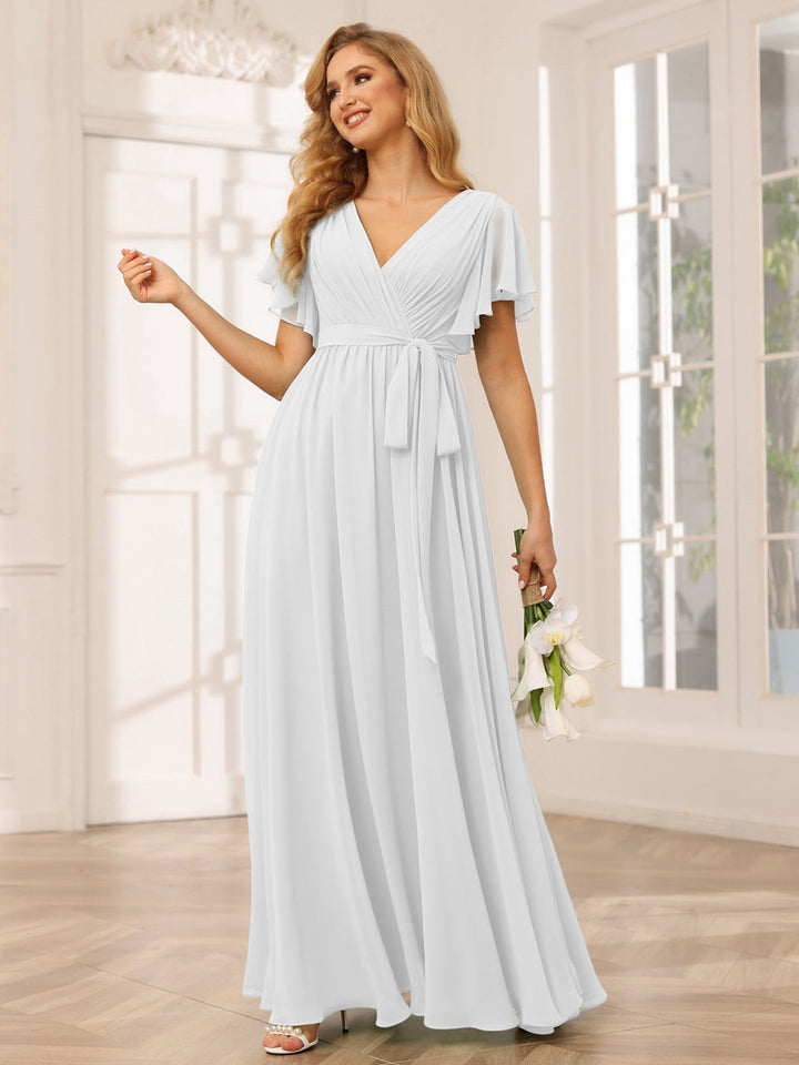Ligne A/Princesse Col en V Manches Courtes La Longueur du Sol Robes de Demoiselle d'Honneur avec Ceinture