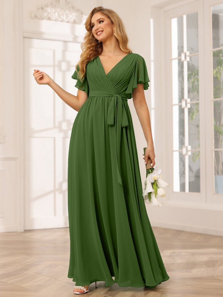 Ligne A/Princesse Col en V Manches Courtes La Longueur du Sol Robes de Demoiselle d'Honneur avec Ceinture