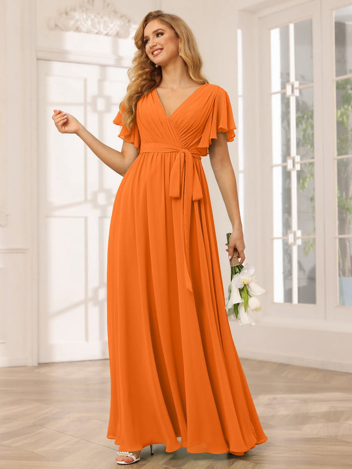 Ligne A/Princesse Col en V Manches Courtes La Longueur du Sol Robes de Demoiselle d'Honneur avec Ceinture