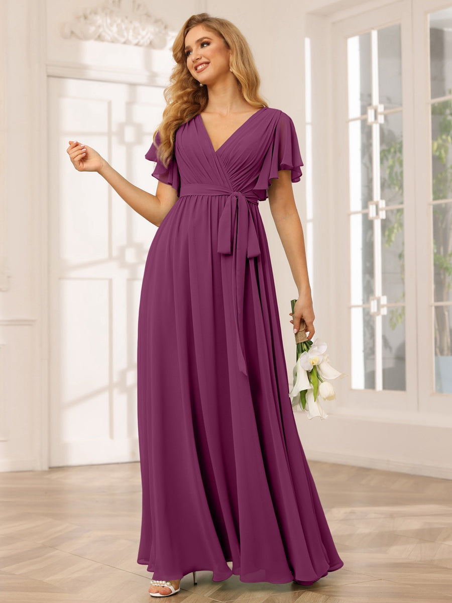 Ligne A/Princesse Col en V Manches Courtes La Longueur du Sol Robes de Demoiselle d'Honneur avec Ceinture