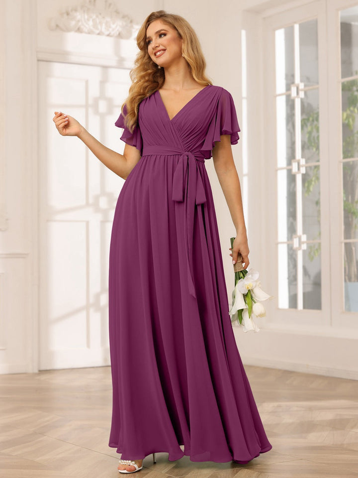 Ligne A/Princesse Col en V Manches Courtes La Longueur du Sol Robes de Demoiselle d'Honneur avec Ceinture