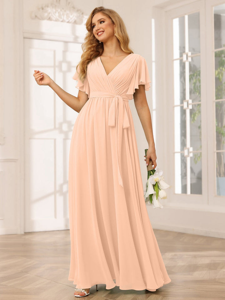 Ligne A/Princesse Col en V Manches Courtes La Longueur du Sol Robes de Demoiselle d'Honneur avec Ceinture