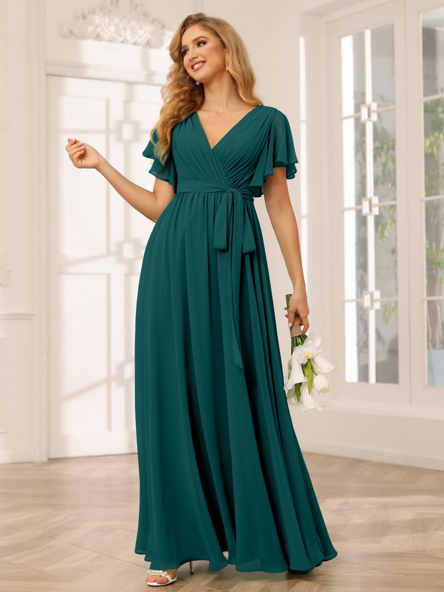 Ligne A/Princesse Col en V Manches Courtes La Longueur du Sol Robes de Demoiselle d'Honneur avec Ceinture